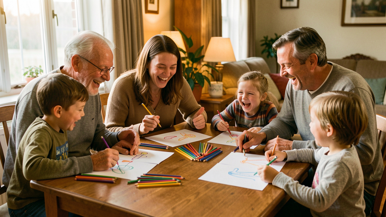 Une famille de plusieurs générations partage un moment joyeux autour d’un jeu de dessin à table, avec des crayons colorés et des cartes vierges.