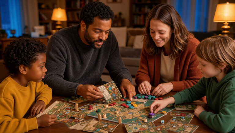 Une famille réunie autour d’un jeu d’enquête coopératif, observant des cartes illustrées et des pions colorés dans une ambiance chaleureuse et mystérieuse.