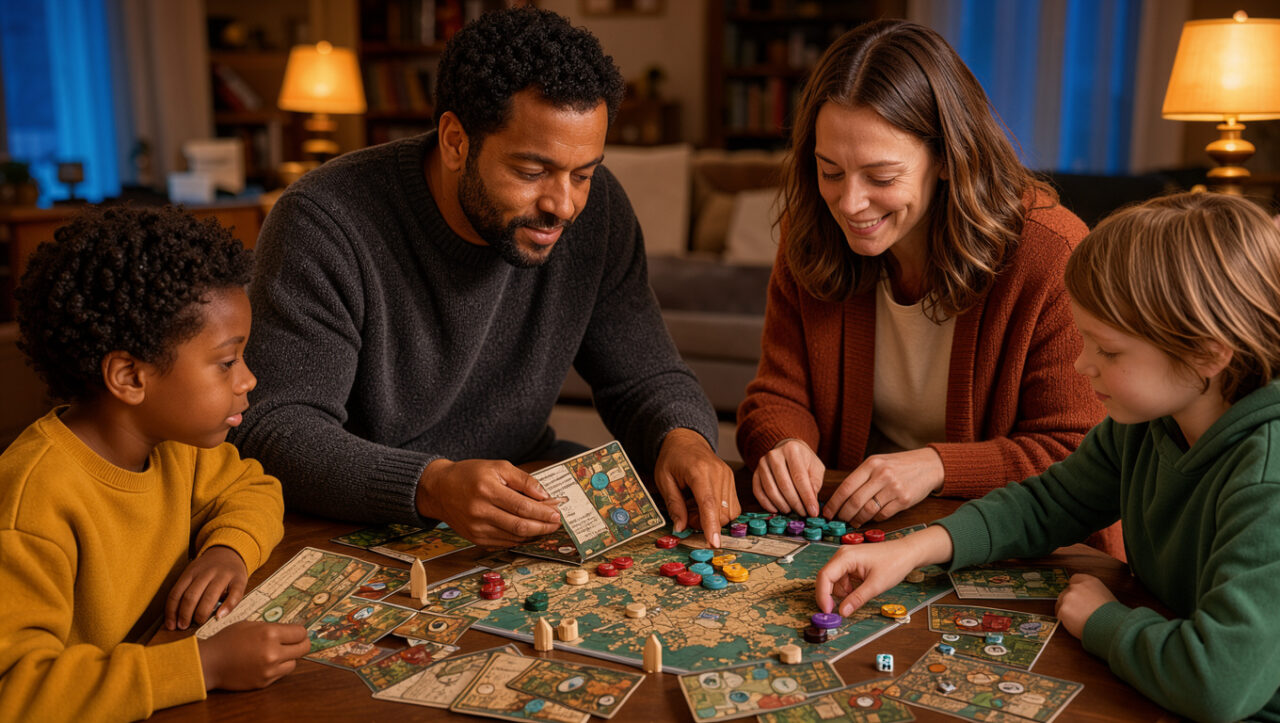 Une famille réunie autour d’un jeu d’enquête coopératif, observant des cartes illustrées et des pions colorés dans une ambiance chaleureuse et mystérieuse.