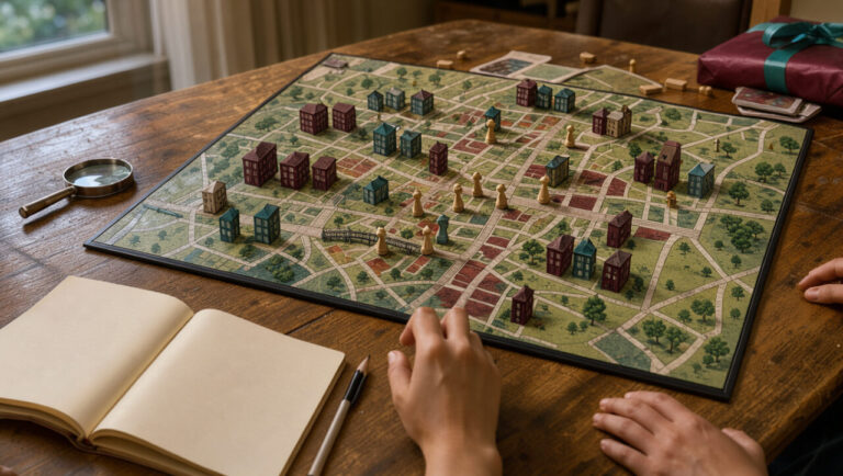 Jeu de société familial sur le thème de l’enquête, avec pions de détective, carte urbaine sans inscriptions, bâtiments miniatures et loupe sur une table chaleureusement éclairée.