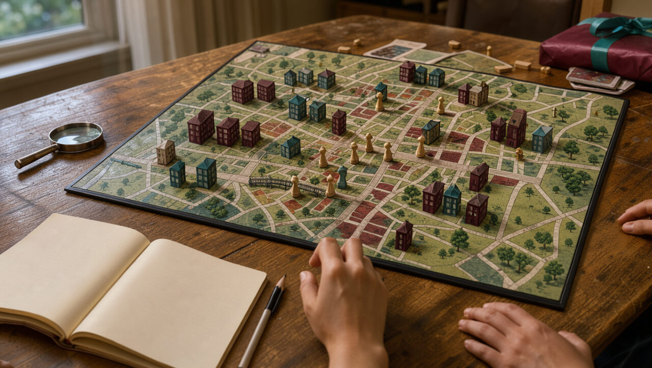Jeu de société familial sur le thème de l’enquête, avec pions de détective, carte urbaine sans inscriptions, bâtiments miniatures et loupe sur une table chaleureusement éclairée.
