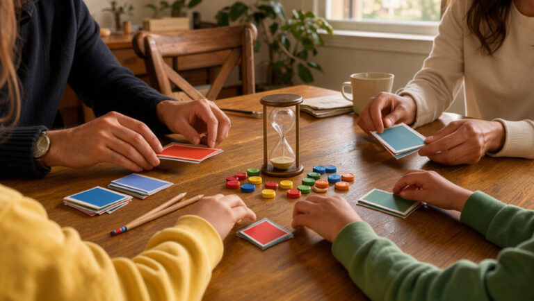 Jeu de société familial coloré installé sur une table, avec cartes vierges, crayons, sablier et participants prenant leur tour dans une ambiance joyeuse.