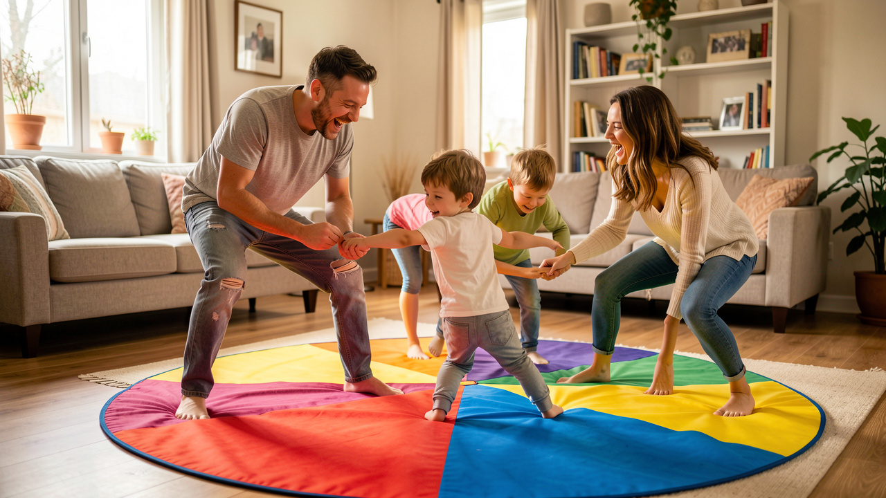 Un homme, une femme et deux enfants jouent ensemble en équilibre sur un tapis circulaire coloré dans un salon lumineux.