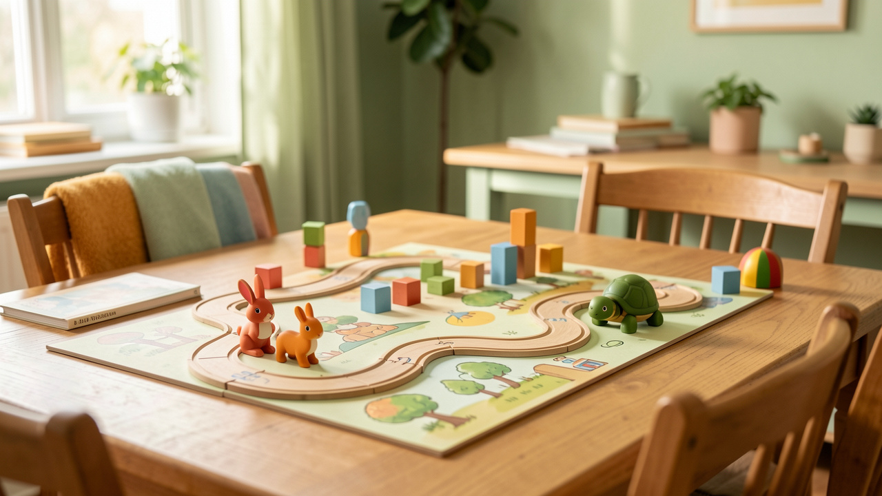 Jeu de société familial représentant un lièvre et une tortue sur un parcours coloré, installé sur une table dans une ambiance chaleureuse.