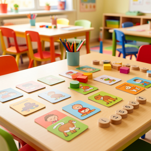 Jeu éducatif coloré composé de cartes illustrées et de jetons en bois disposés sur une table de classe lumineuse.