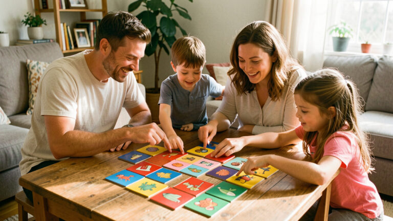 Une famille joyeuse réunie autour d’un jeu d’observation en bois, comparant des tuiles illustrées colorées dans un salon chaleureux.