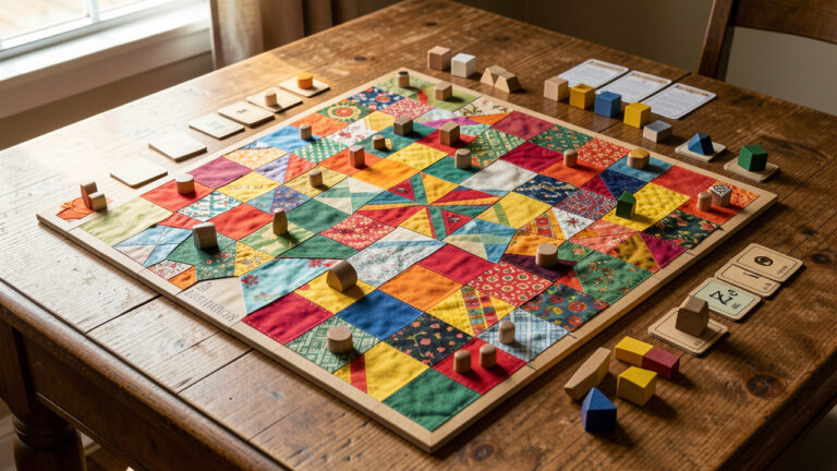 Jeu de stratégie créative composé de pièces colorées assemblées en motif de patchwork sur une table en bois.