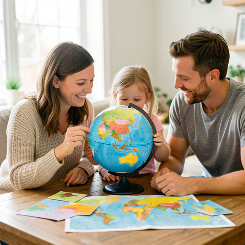 Une famille réunie autour d’un globe terrestre et de pièces de carte colorées pour découvrir la géographie du monde.