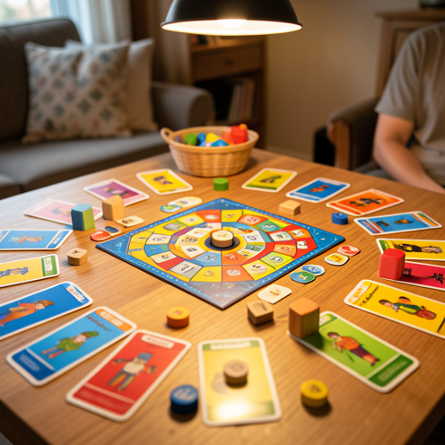 Jeu de société coloré installé sur une table, avec des cartes illustrées, des pions en bois et un plateau central dans une ambiance conviviale.