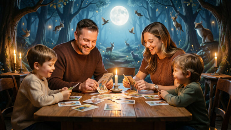 Un couple et deux enfants réunis autour d’une table pour une soirée de jeu poétique avec des cartes illustrées et une ambiance chaleureuse.