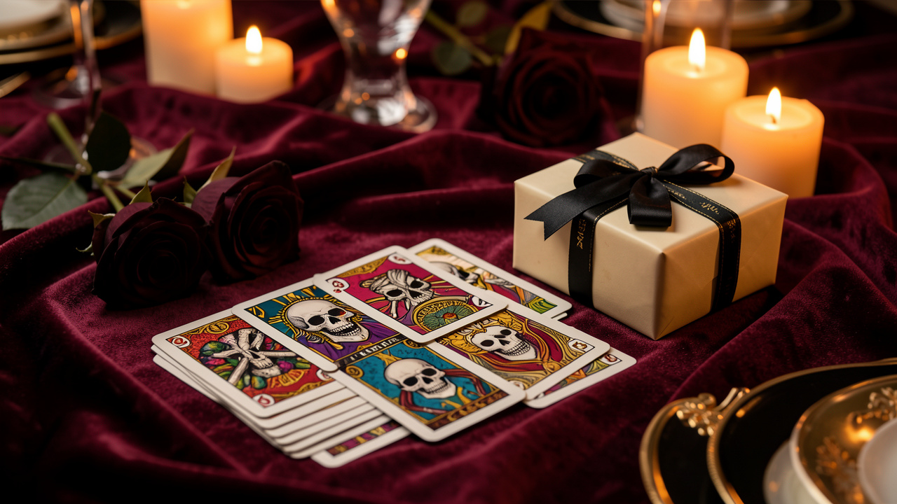 Mise en scène élégante d’un jeu de cartes sur le thème du crâne accompagné d’un cadeau emballé, de roses sombres et d’une lumière chaleureuse pour une soirée festive.