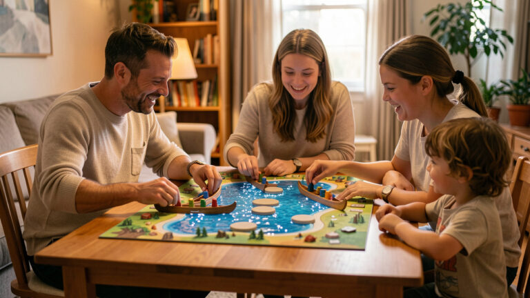 Une famille réunie autour d’un jeu de société représentant une aventure sur une rivière, avec des pions en forme de canoës et une ambiance chaleureuse.