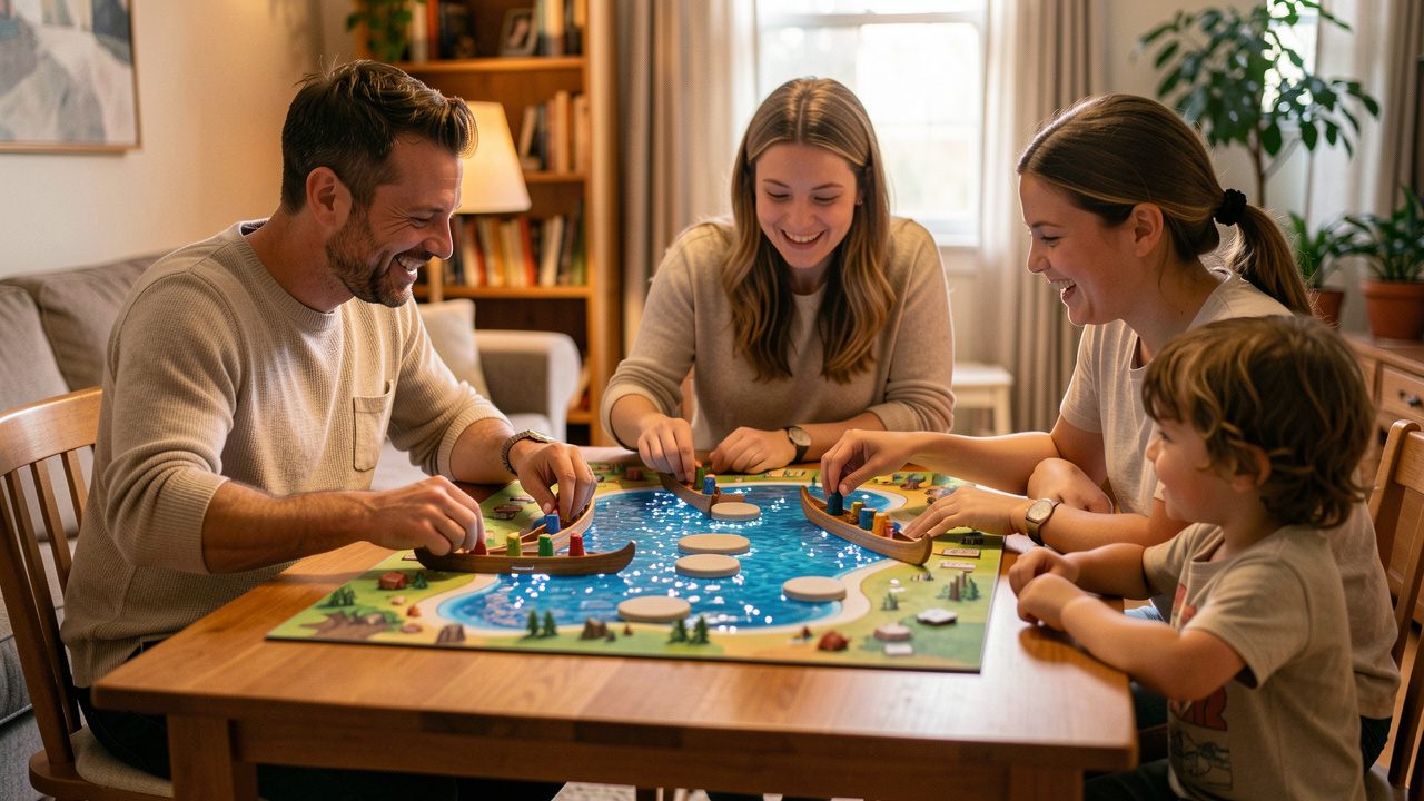 Une famille réunie autour d’un jeu de société représentant une aventure sur une rivière, avec des pions en forme de canoës et une ambiance chaleureuse.