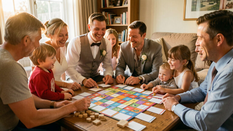 Un couple de jeunes mariés partage un moment convivial avec sa famille et ses amis autour d’un jeu de société coloré.