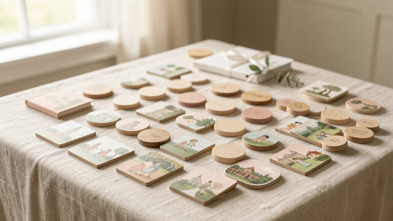 Jeu de société artisanal personnalisé pour mariage, composé de pions en bois et de tuiles illustrées évoquant les souvenirs d’un couple sur une table élégamment décorée.