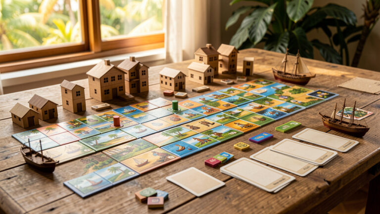 Jeu de stratégie de société installé sur une table en bois, avec des tuiles colorées, des bâtiments miniatures, des ressources et de petits bateaux dans une ambiance chaleureuse inspirée des Caraïbes.