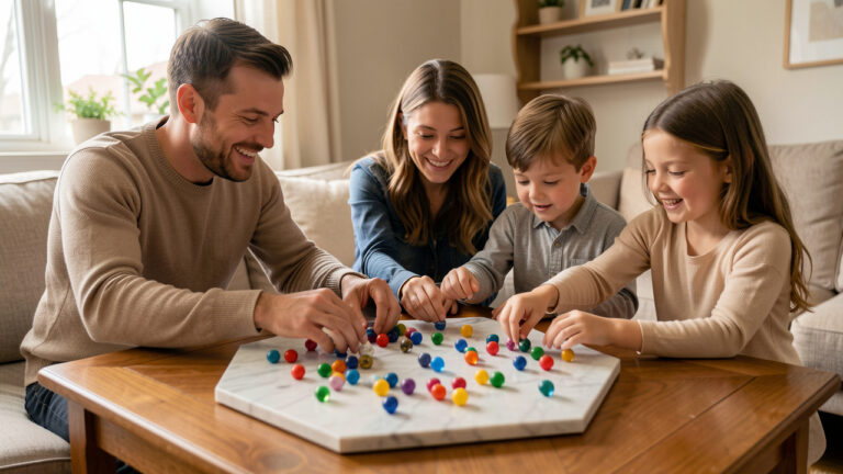 Une famille composée d’un homme, d’une femme, d’un garçon et d’une fille joue ensemble à un jeu de stratégie avec des billes colorées sur un plateau hexagonal.