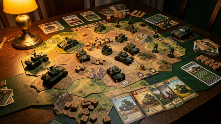 Jeu de stratégie sur plateau avec figurines, tuiles hexagonales et ressources en bois, présenté dans une ambiance chaleureuse.