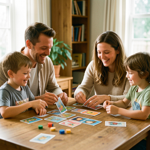 Une famille réunie autour d'une table choisit des cartes illustrées et des pions colorés pour un jeu convivial adapté aux enfants.