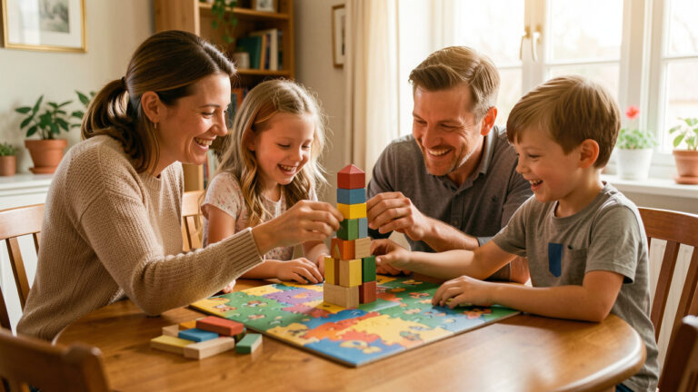 Une famille souriante assemble ensemble un puzzle en bois coloré et construit une tour de blocs dans une ambiance chaleureuse et collaborative.