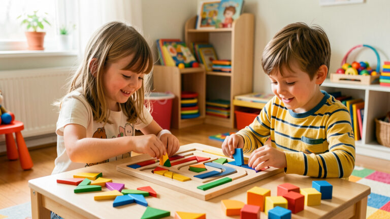 Une fille et un garçon jouent ensemble avec des puzzles en bois, des pièces géométriques et un petit labyrinthe dans une salle de jeux lumineuse.