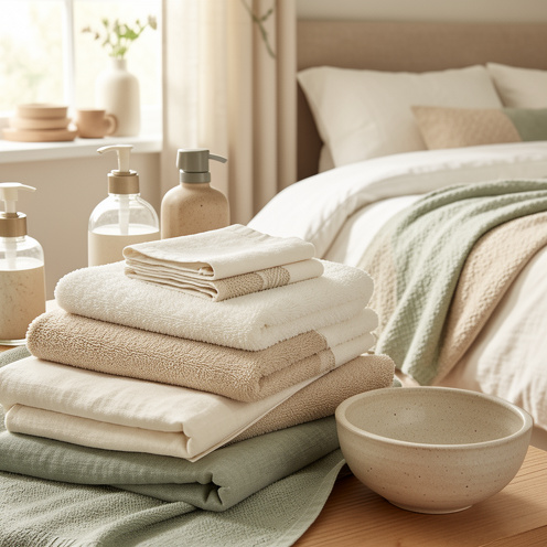 Collection de linge de maison plié en coton et lin, dans des tons ivoire, sable et vert sauge, présentée avec des accessoires d’entretien naturels.