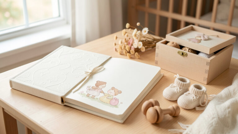 Livre de naissance personnalisé à couverture en lin crème, ouvert sur des pages vierges, entouré de petits chaussons tricotés, d’un hochet en bois et de fleurs séchées dans une chambre de bébé chaleureuse.