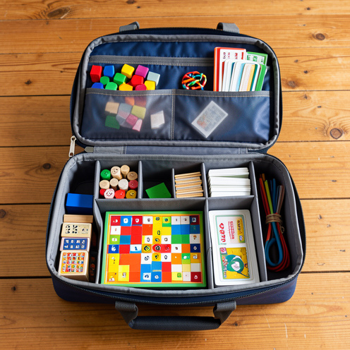 Mallette ouverte contenant des accessoires de jeux de société colorés, soigneusement rangés dans des compartiments.