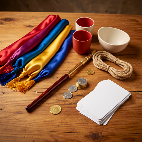 Coffret de magie ouvert pour débutant, avec baguette, foulards colorés, gobelets, pièces, corde et cartes vierges soigneusement disposés sur une table en bois.