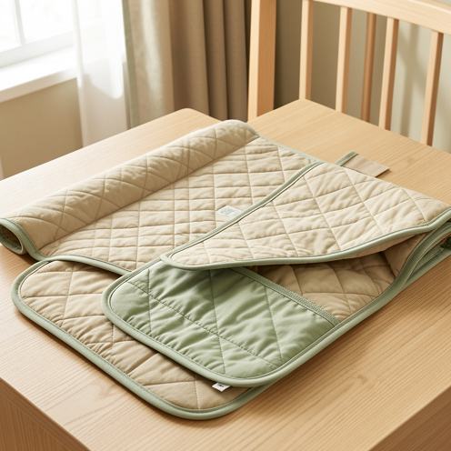 Matelas à langer nomade ouvert et plié, présentant une surface matelassée, une doublure imperméable, un rembourrage confortable et des poches de rangement dans une chambre aux tons naturels.