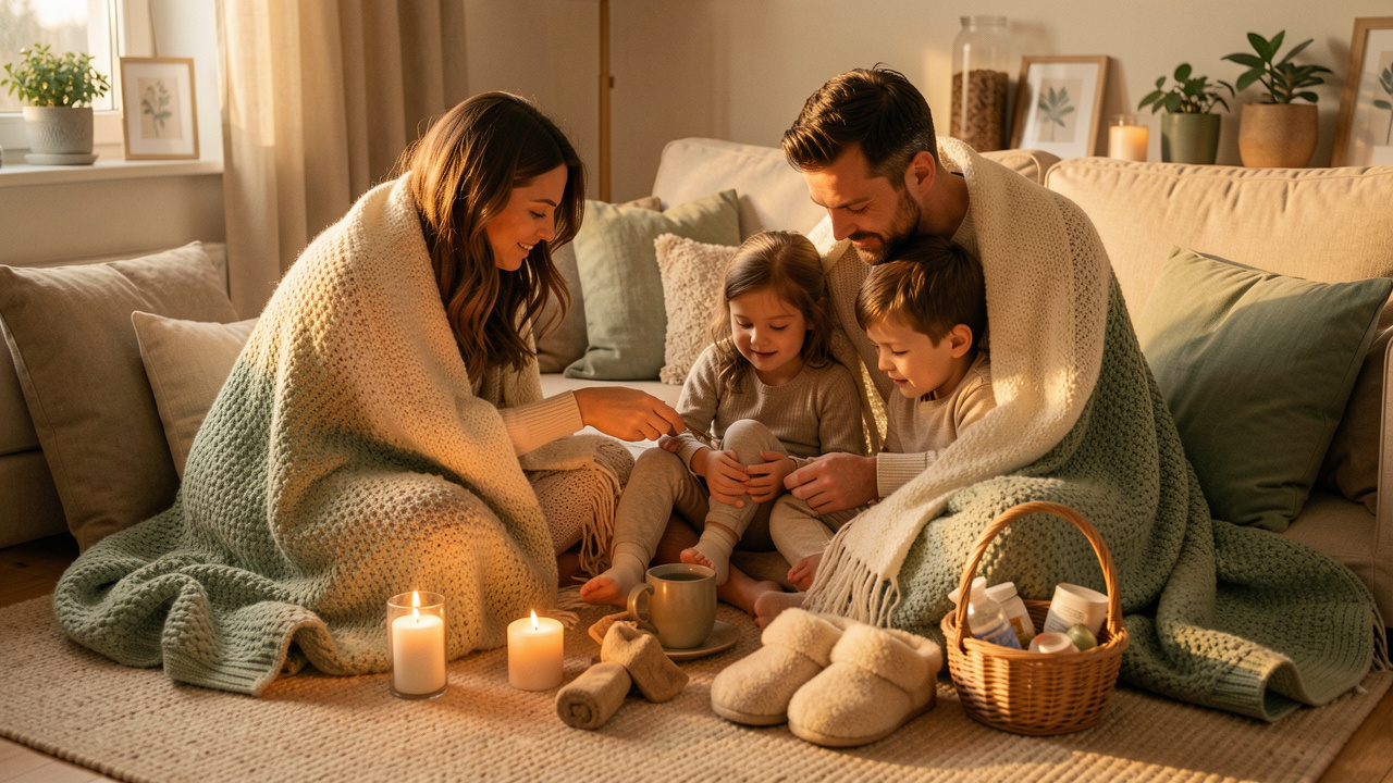 Une famille réunie dans un salon chaleureux pour partager une parenthèse cocooning avec des couvertures douces, du thé et des accessoires de bien-être.