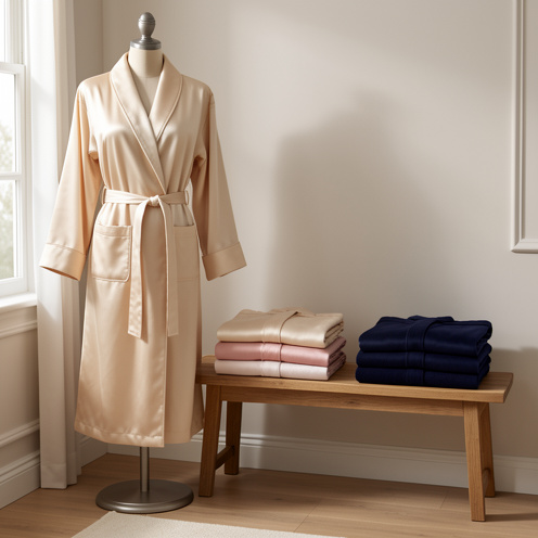 Assortiment de peignoirs en satin de différentes coupes et tailles, présentés dans des teintes champagne, rose poudré et bleu marine dans une élégante chambre.