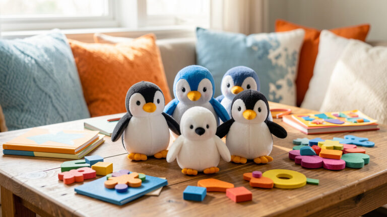 Ensemble de figurines et de peluches pingouins disposées comme une décoration ludique dans une ambiance chaleureuse et familiale.