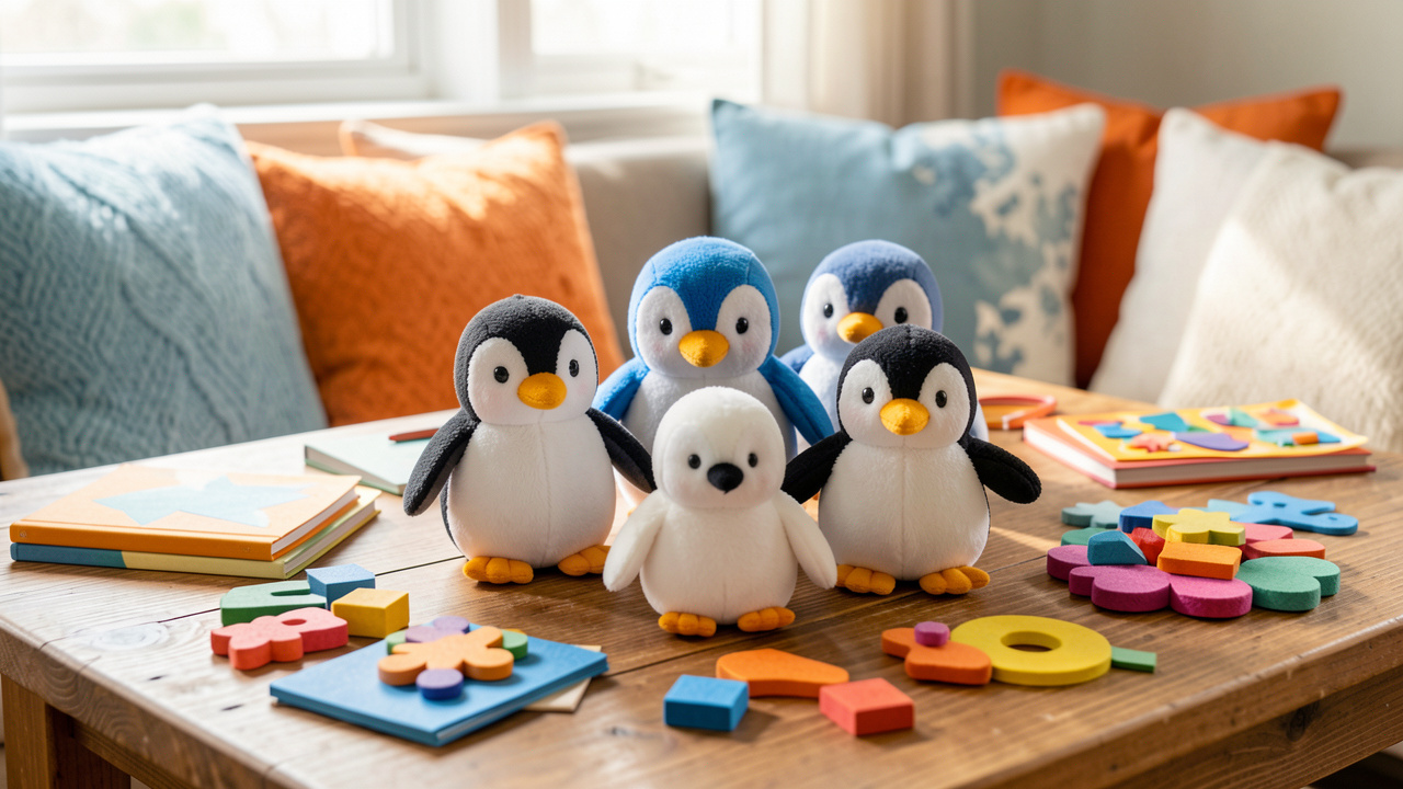 Ensemble de figurines et de peluches pingouins disposées comme une décoration ludique dans une ambiance chaleureuse et familiale.