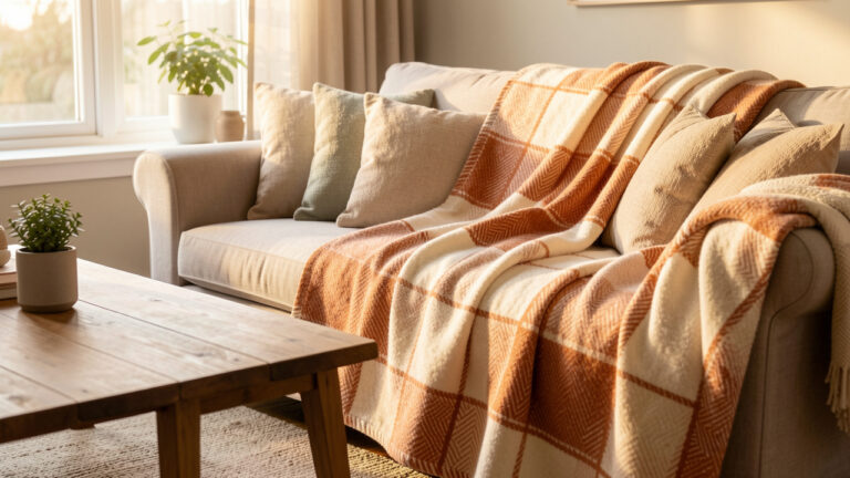 Plaid douillet aux tons crème et terracotta posé sur un canapé dans un salon familial chaleureux.
