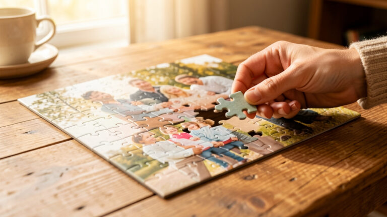 Puzzle personnalisé composé à partir d’une photo souvenir, assemblé sur une table en bois dans une ambiance chaleureuse.