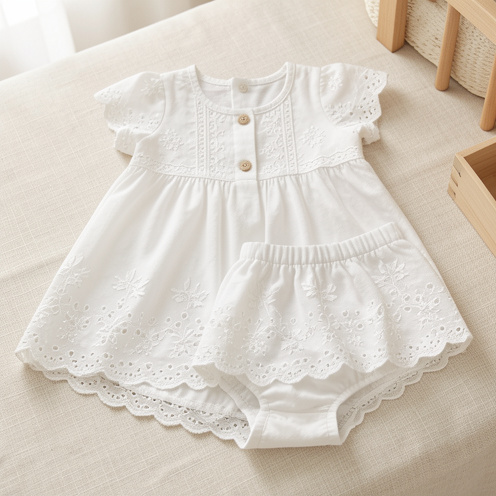 Robe bébé blanche en broderie anglaise accompagnée d’un bloomer assorti, présentés sur un tissu en lin écru.