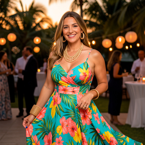 Femme souriante portant une robe fleurie colorée lors d’une élégante soirée tropicale en plein air.