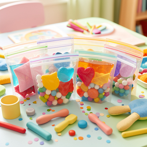 Sachets sensoriels colorés et matériaux de fabrication disposés sur une table lumineuse pour des activités d’éveil tactile.