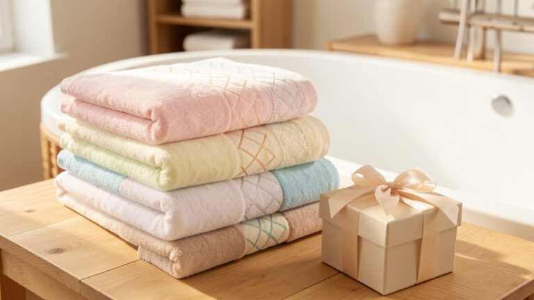 Pile de serviettes de bain moelleuses aux couleurs pastel, décorées de motifs délicats et présentées comme un cadeau dans une salle de bains lumineuse.