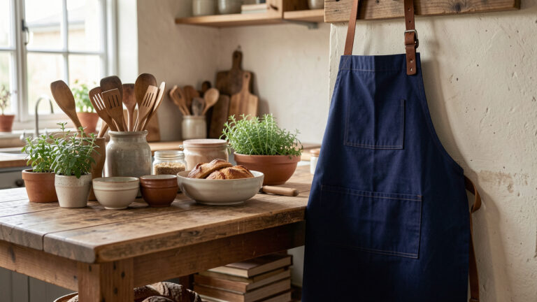 Tablier de cuisine bleu marine aux finitions artisanales, présenté dans une cuisine chaleureuse avec des ustensiles en bois, des herbes fraîches et des bols en céramique.