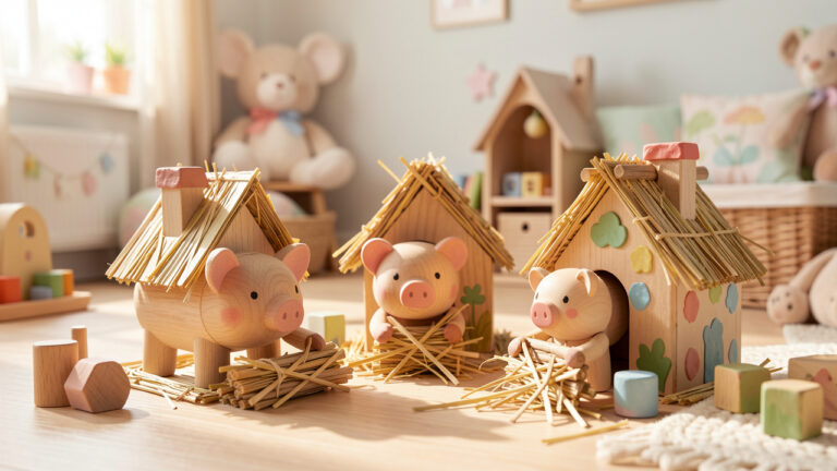 Trois figurines de petits cochons en bois disposées dans une scène miniature avec de petites maisons en paille, en bois et en argile, dans une ambiance douce et colorée.
