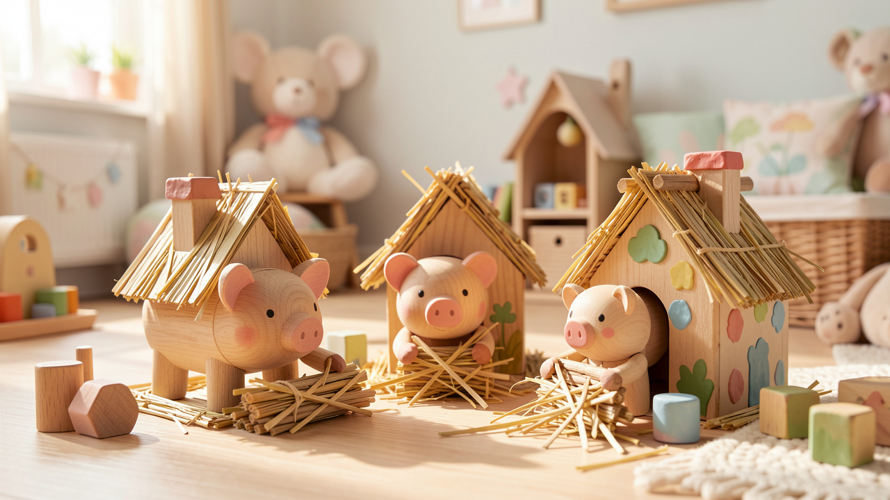 Trois figurines de petits cochons en bois disposées dans une scène miniature avec de petites maisons en paille, en bois et en argile, dans une ambiance douce et colorée.