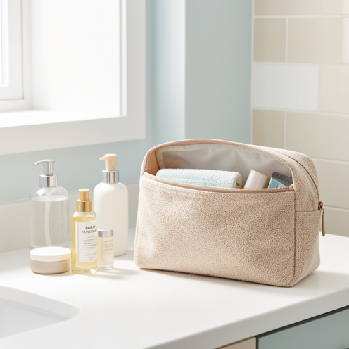 Trousse de toilette en éponge ouverte dans une salle de bains, accompagnée d’accessoires de toilette et mettant en valeur sa texture absorbante et ses compartiments pratiques.