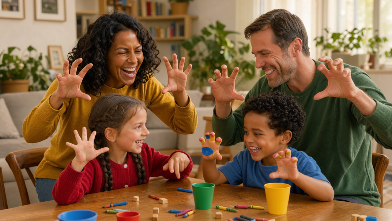 Une famille composée d’une femme, d’un homme, d’une fille et d’un garçon joue joyeusement à un jeu de gestes autour d’une table en bois.